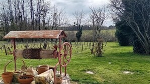 Un entorno rústico al aire libre con un antiguo molino de manivela, rodeado por un campo cubierto de hierba y árboles.