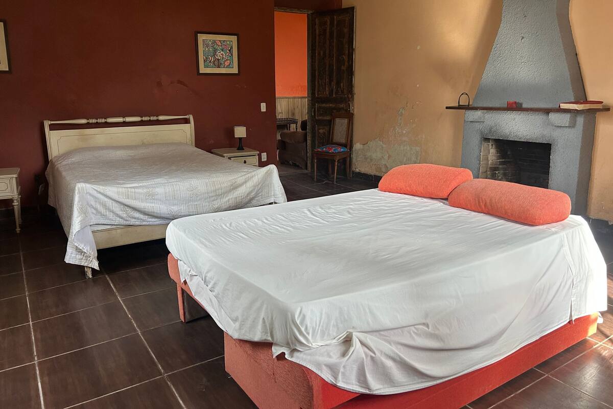 Un dormitorio con dos camas, una chimenea y una silla.