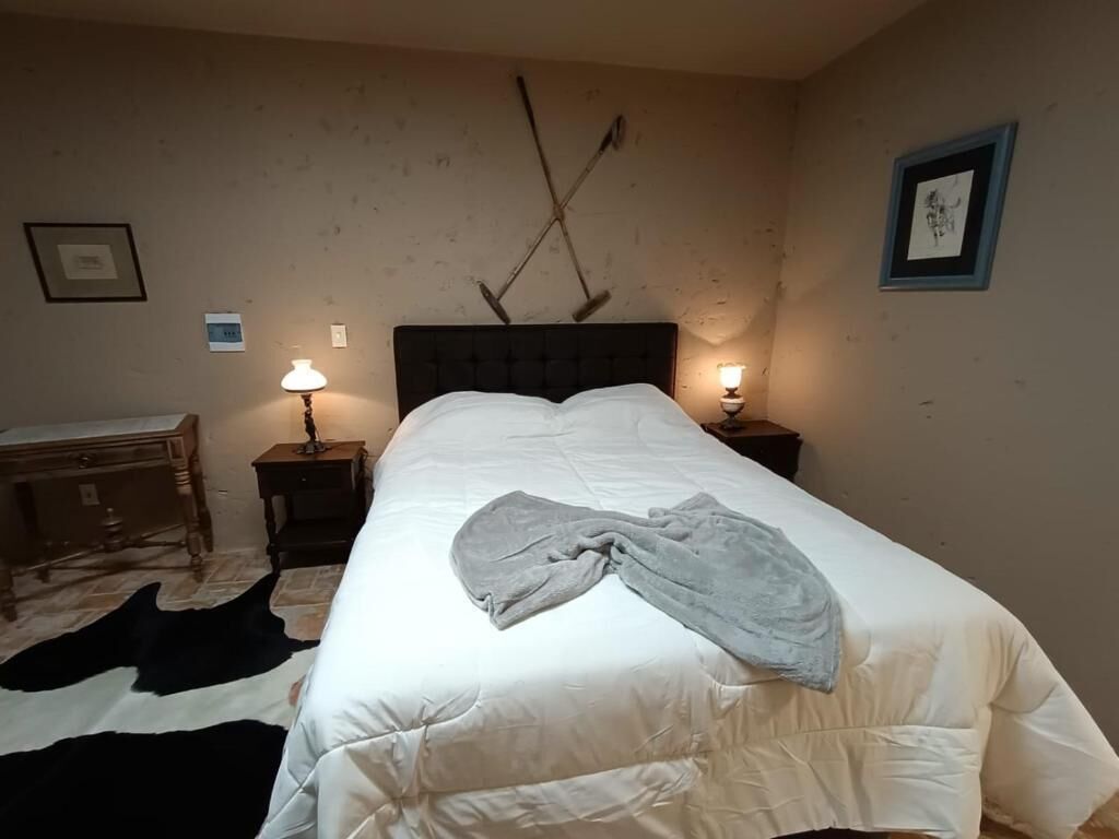Un dormitorio con una cama grande, dos mesitas de noche con lámparas, un aparador de madera, un tapete de cuero de vaca y un cuadro colgado en la pared.