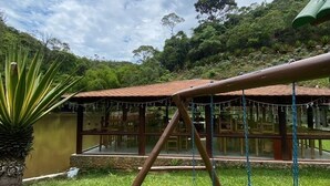 Un columpio de madera en un área verde, con un edificio al fondo.