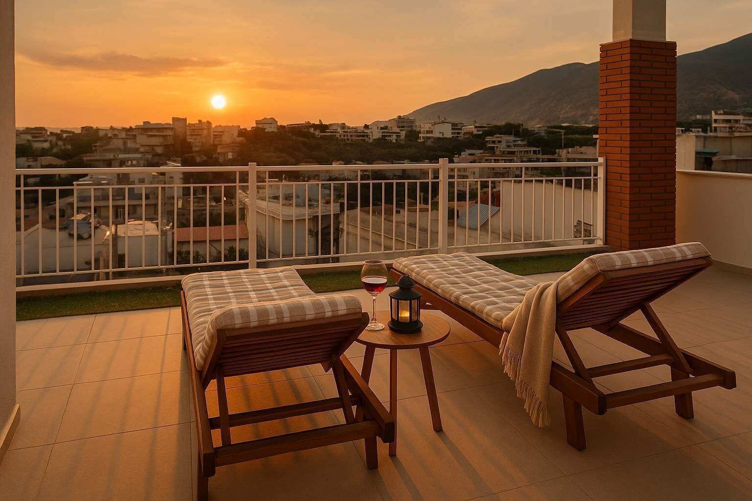 Un balcón con dos sillones de madera, una mesita y una copa de vino. El balcón ofrece vistas a un paisaje urbano con edificios y una montaña al fondo.