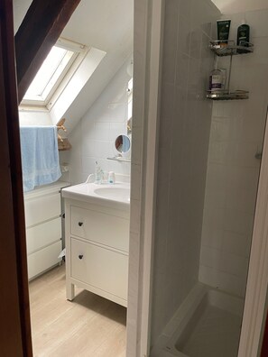 Shower, eco-friendly toiletries, hair dryer, towels