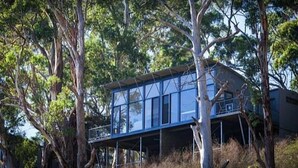 A modern house with a balcony, surrounded by trees.