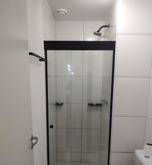 Shower, towels, toilet paper