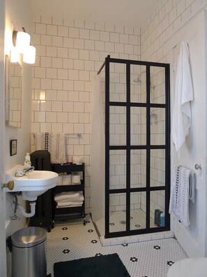 Shower, hair dryer, towels, soap