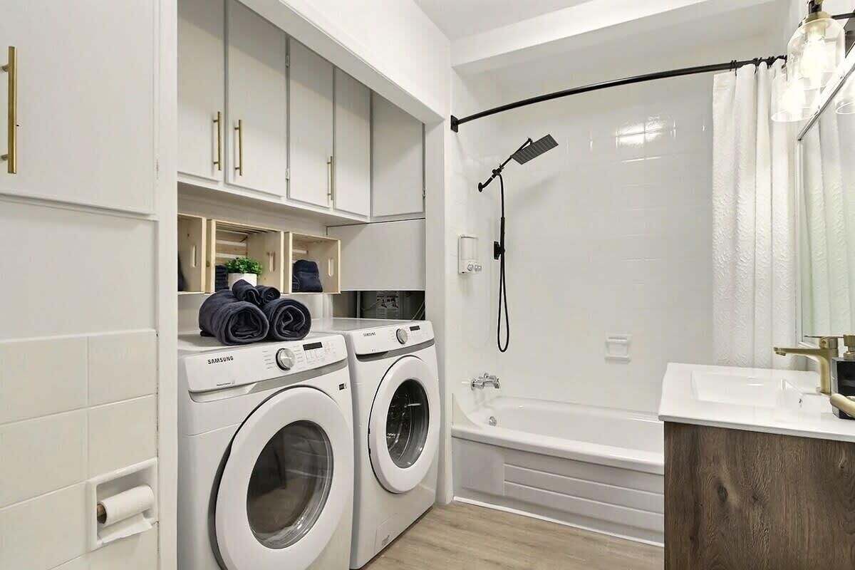 Shower, hair dryer, shampoo