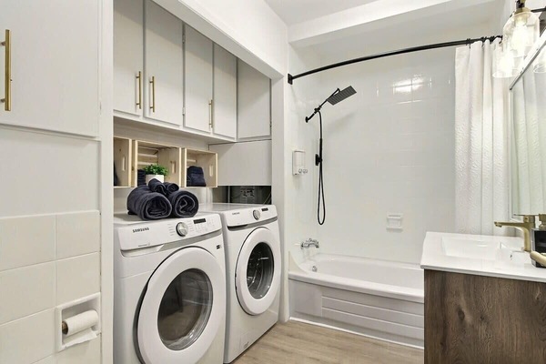 Shower, hair dryer, shampoo