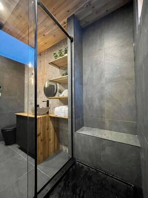 Regadera, secadora de cabello, toallas, shampoo 