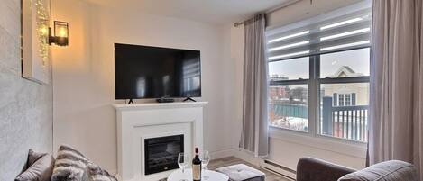 TV, fireplace, books, offices