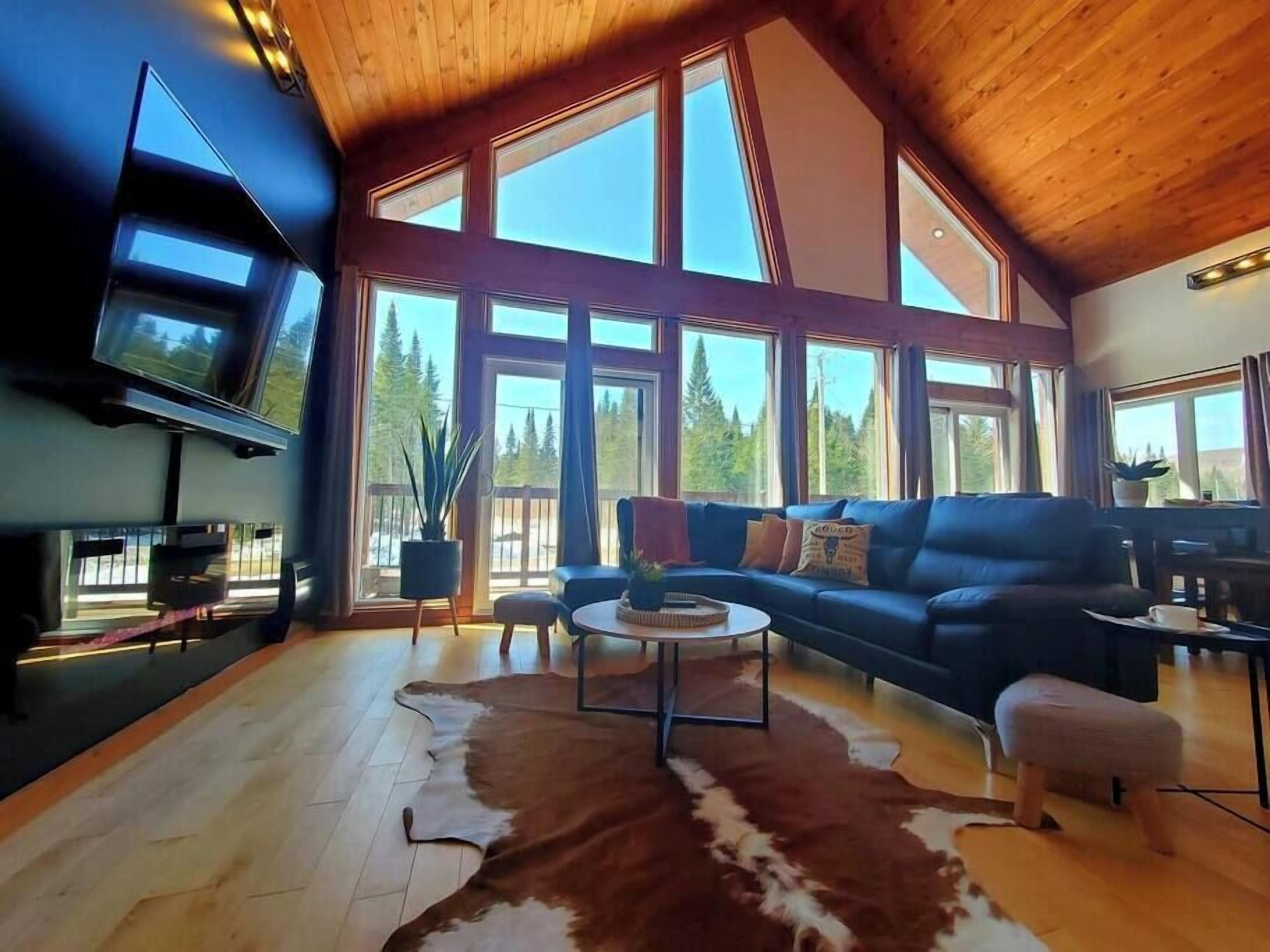 Televisión, chimenea y oficina 