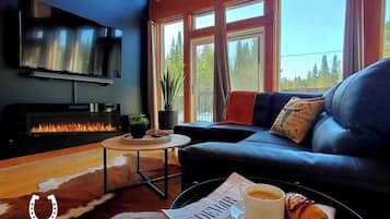 Televisión, chimenea y oficina