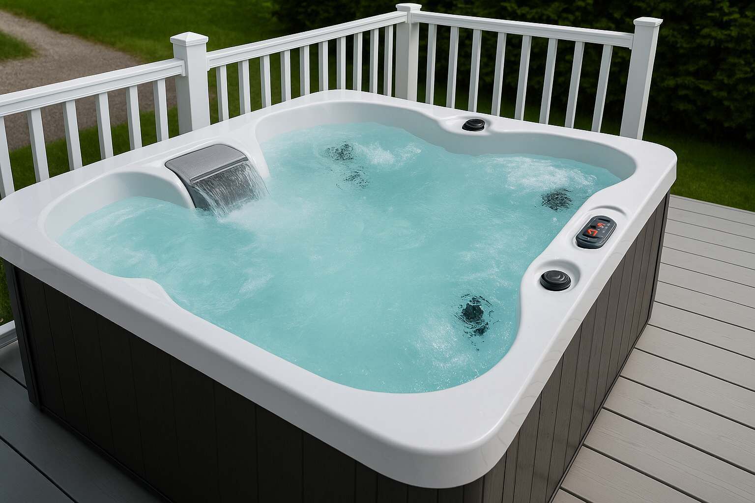 A hot tub on a wooden deck with a white railing.
