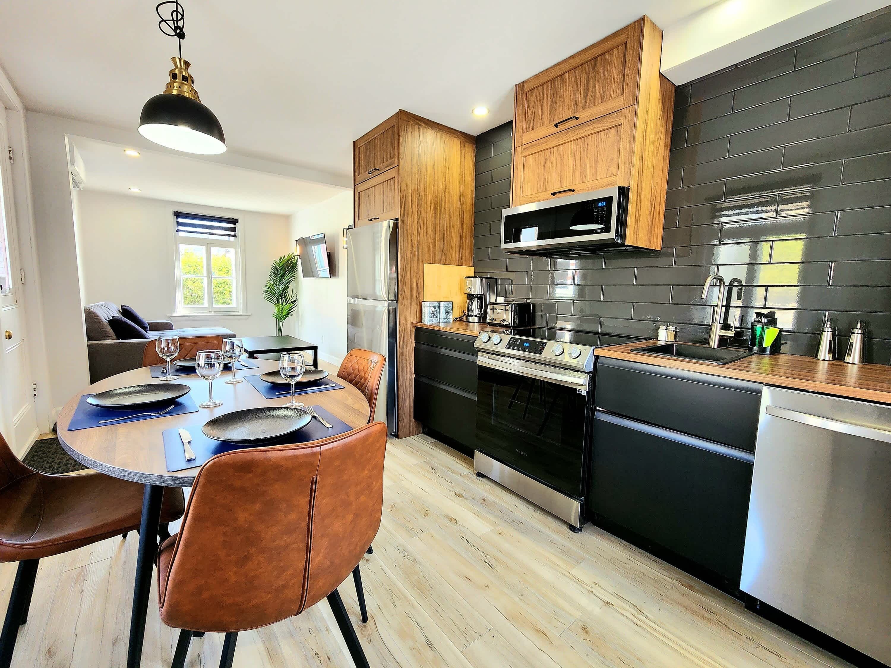 Fridge, microwave, oven, dishwasher