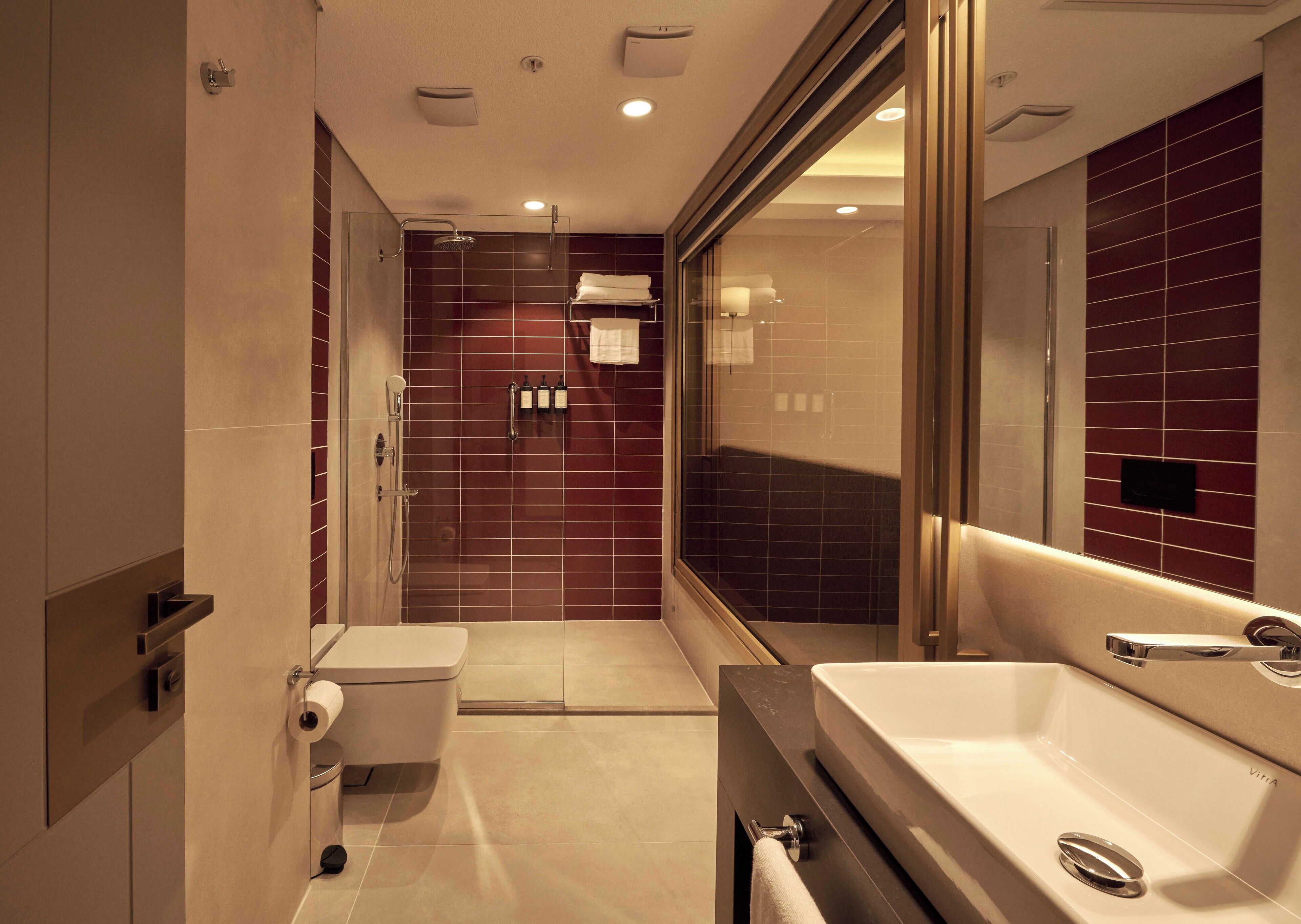 A modern bathroom with a glass shower enclosure, a large mirror, and a white sink.