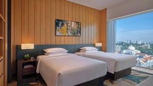 A hotel room with two beds, a nightstand, a lamp, a painting, and a view of a cityscape. - Hyatt Regency Kuala Lumpur At Kl Midtown (Kuala Lumpur)
