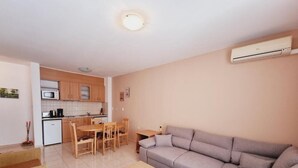 Un espacio habitable compacto con kitchenette, un sofá gris, una mesa de comedor de madera y una pequeña mesa de centro.