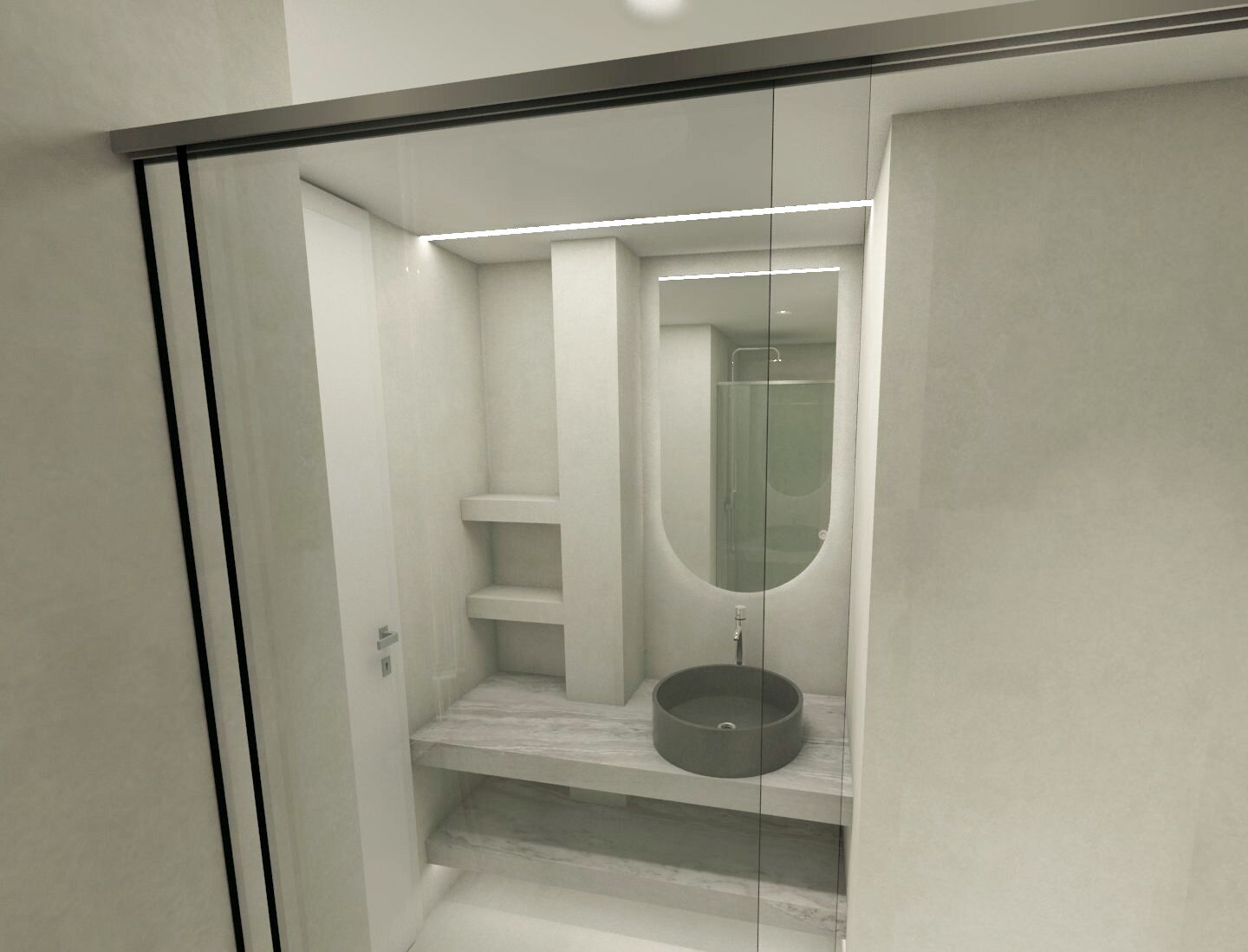 Un baño moderno con ducha envuelta en vidrio, un lavabo redondo y estantes empotrados.