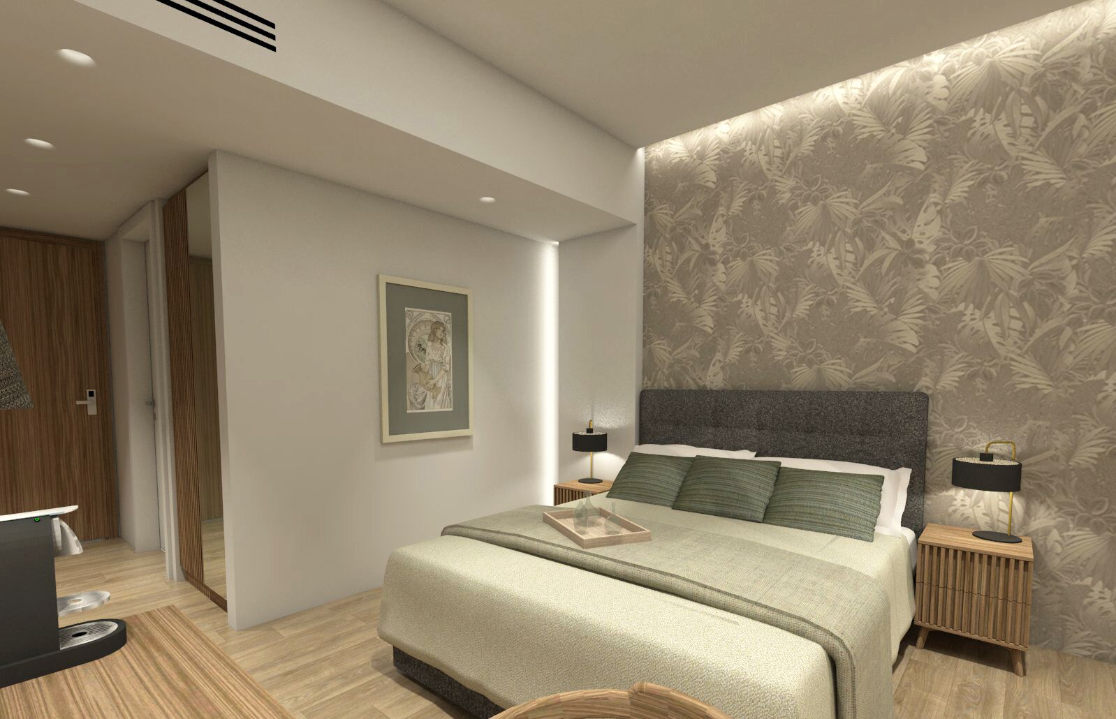 Un dormitorio moderno con una cama grande, dos mesitas de noche, una mesita auxiliar y un cuadro enmarcado en la pared, además de una puerta que da a otra habitación.