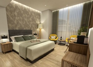 A modern hotel room with a large bed, a desk, two chairs, a lamp, and a view of the city through large windows. - Zein Boutique Athens Hotel (Athens)