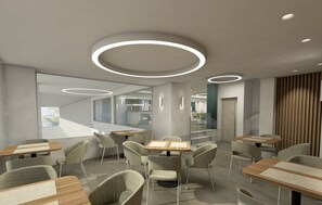 A modern interior with round ceiling lights, wooden tables, and cushioned chairs. - Zein Boutique Athens Hotel (Athens)