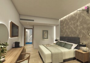 A modern bedroom with a large bed, bedside tables, a desk, and a chair. There is a staircase leading to an upper floor. - Zein Boutique Athens Hotel (Athens)