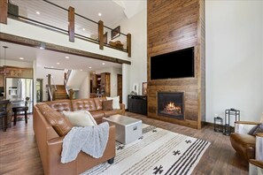 TV, fireplace, books