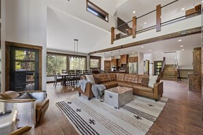 TV, fireplace, books