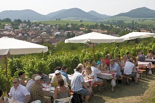 Un área de comedor al aire libre con mesas y sombrillas, con vistas a un pueblo y colinas.