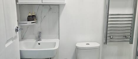 A bathroom with a white sink, a toilet, and a towel rack.