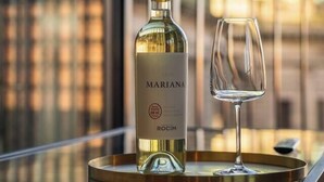 Una botella de vino Mariana Rocim y una copa sobre una bandeja, con vistas a un edificio y una cúpula al fondo.