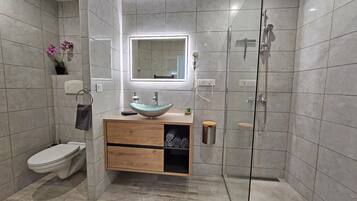Une salle de bain moderne avec une douche à parois de verre, un meuble-lavabo en bois doté d’un vasque et des toilettes.