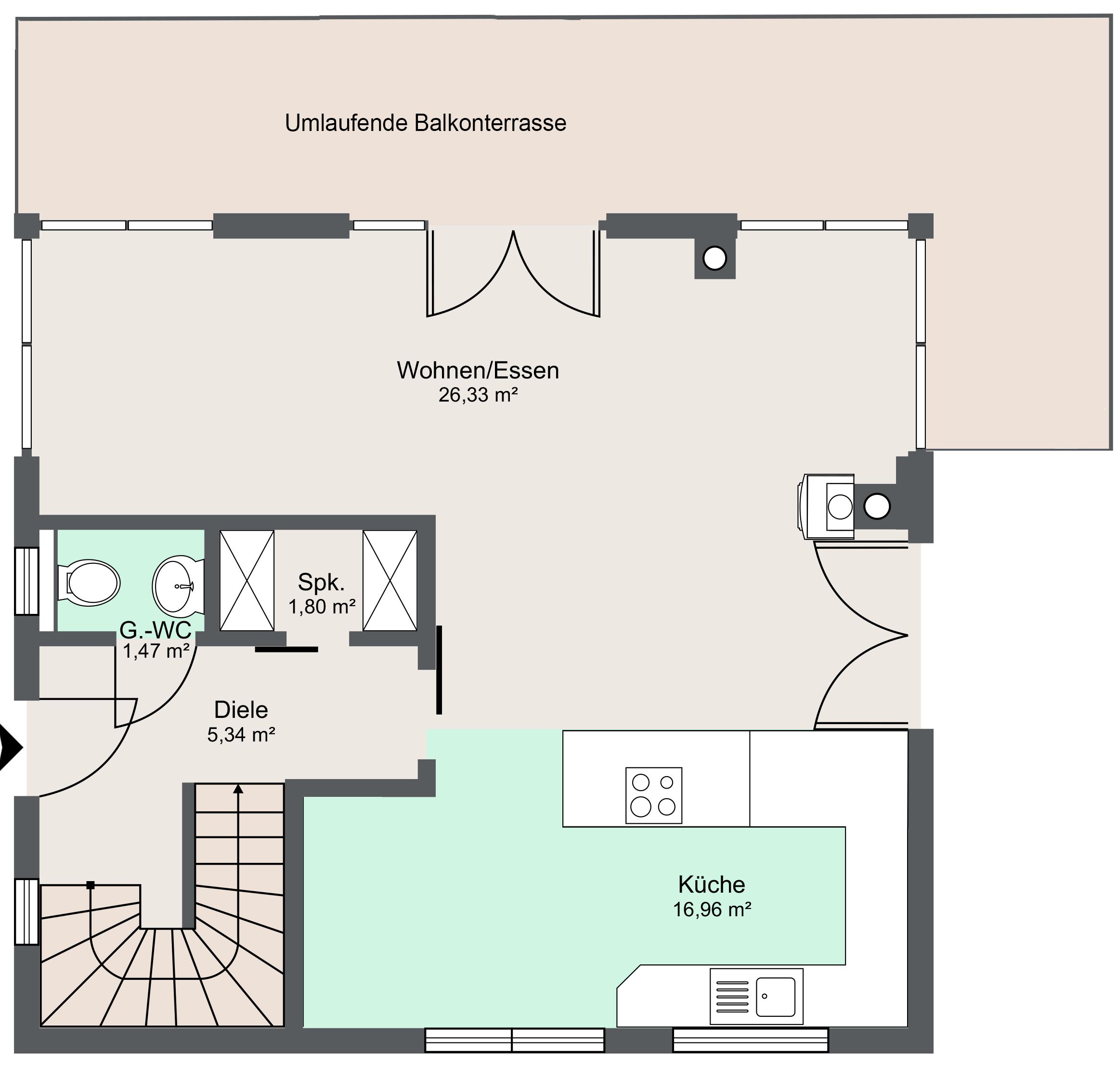 Plano de planta de una habitación de hotel con balcón, zona de estar, cocina, baño y comedor.