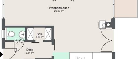Plano de planta de una habitación de hotel con balcón, zona de estar, cocina, baño y comedor.