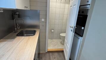 Dusj, hårføner, håndklær og toalettpapir