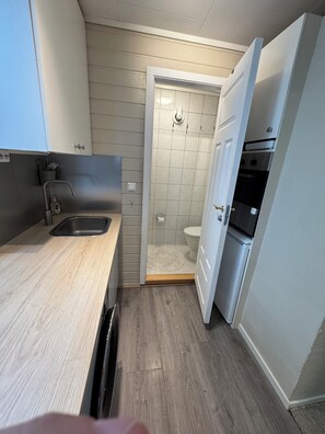 Shower, hair dryer, towels, toilet paper