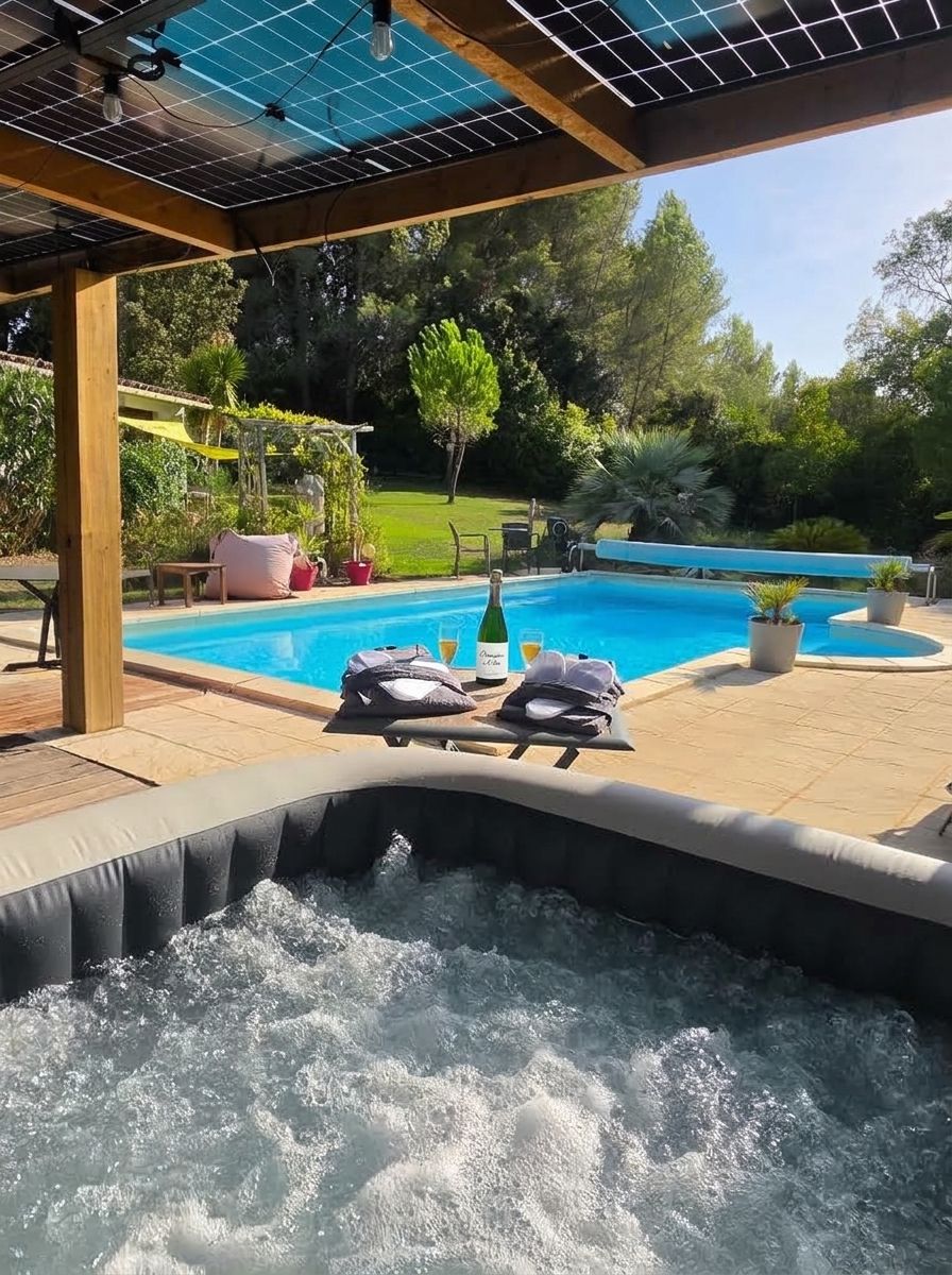 Un jacuzzi con terraza de madera, una piscina y una pérgola con paneles solares.