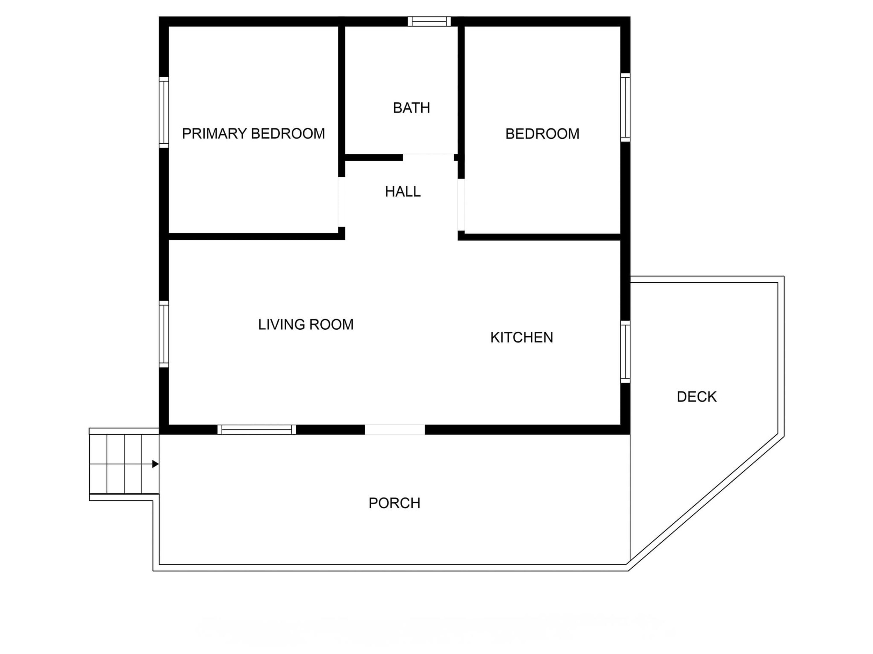 A floor plan with a primary bedroom, secondary bedroom, living room, kitchen, bathroom, hall, porch, and deck.