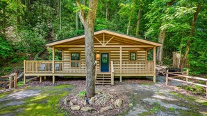 Eine Holzhütte mit Veranda, umgeben von dichtem Wald.