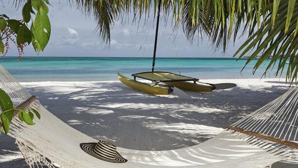 Una hamaca bajo una palmera en la playa, con un bote al fondo.