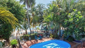 Una piscina rodeada de palmeras y vistas a la playa.