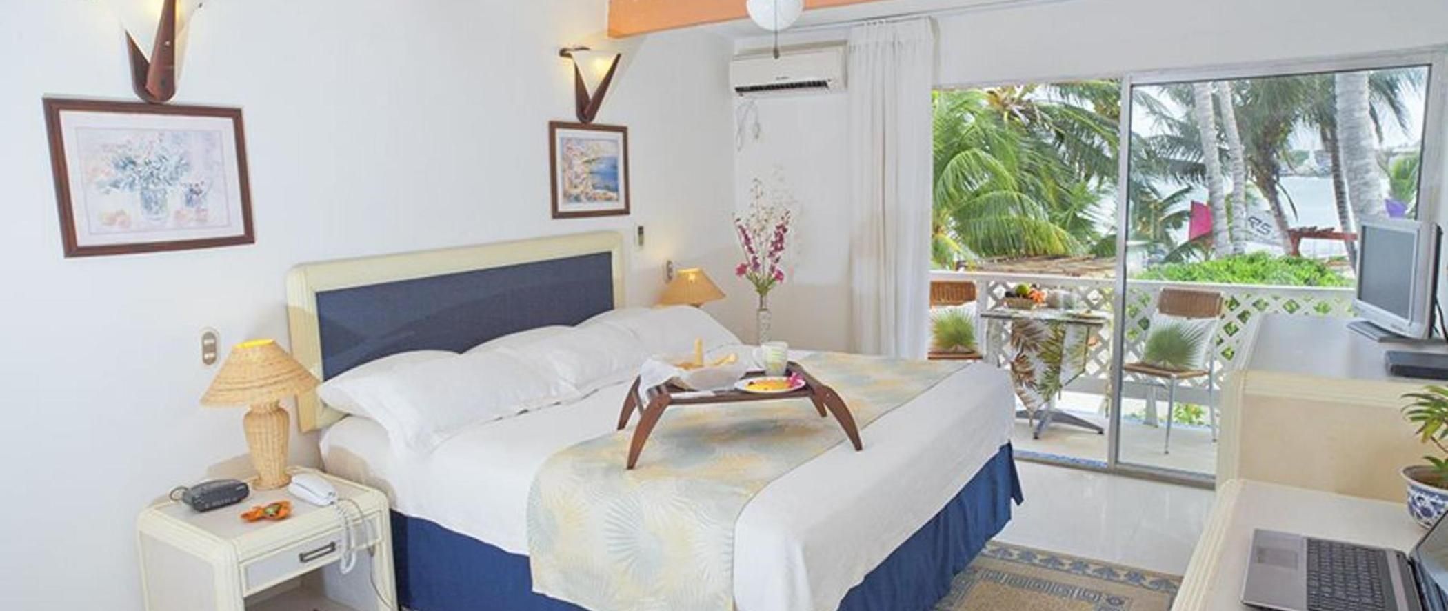 Quarto de hotel com cama, mesa de cabeceira, luminária e vista para uma varanda com plantas e uma televisão.