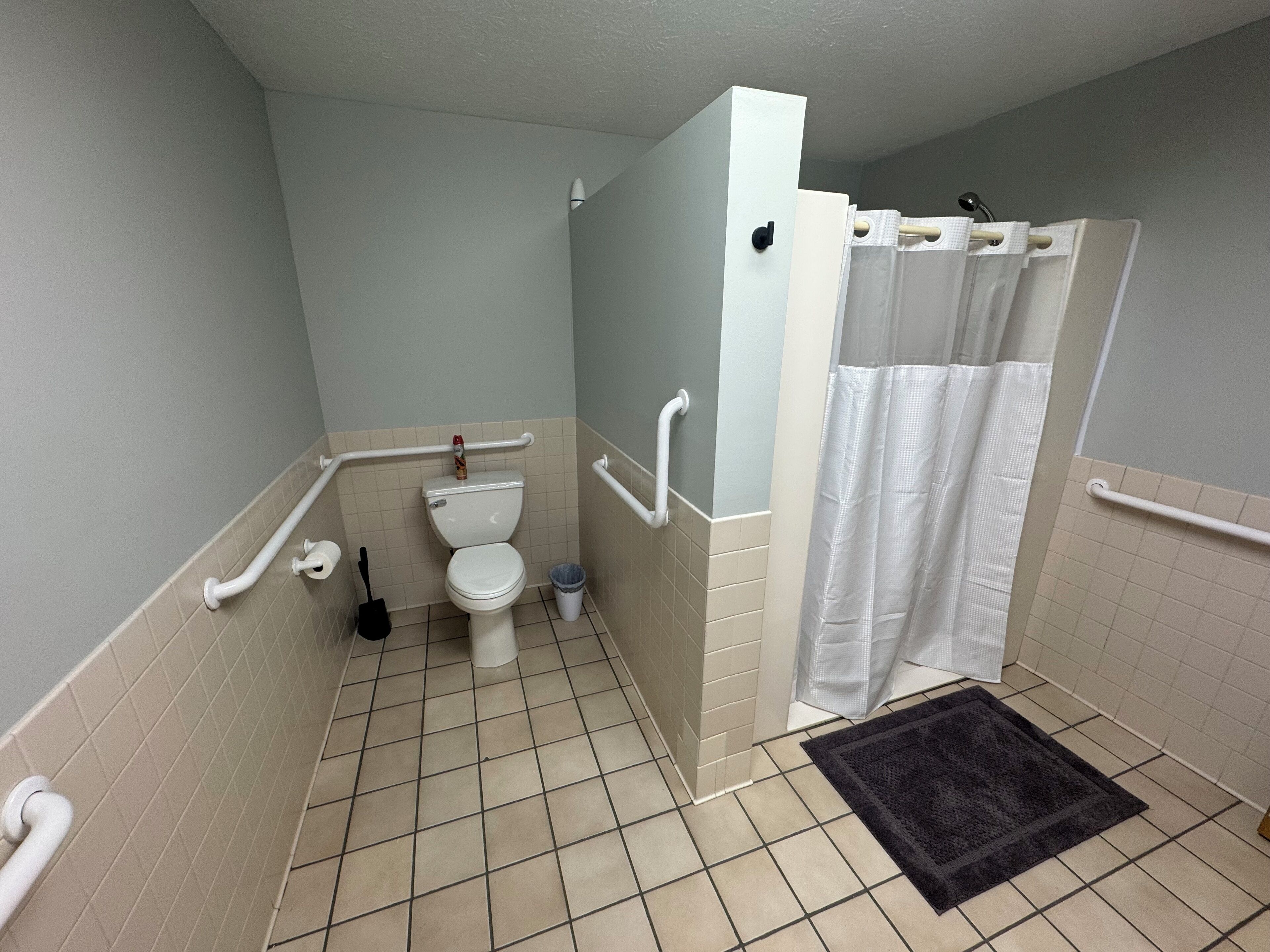 A bathroom with a toilet, a shower with a curtain, and grab bars.