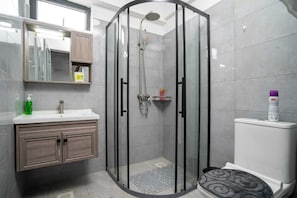Hair dryer, towels, soap, toilet paper