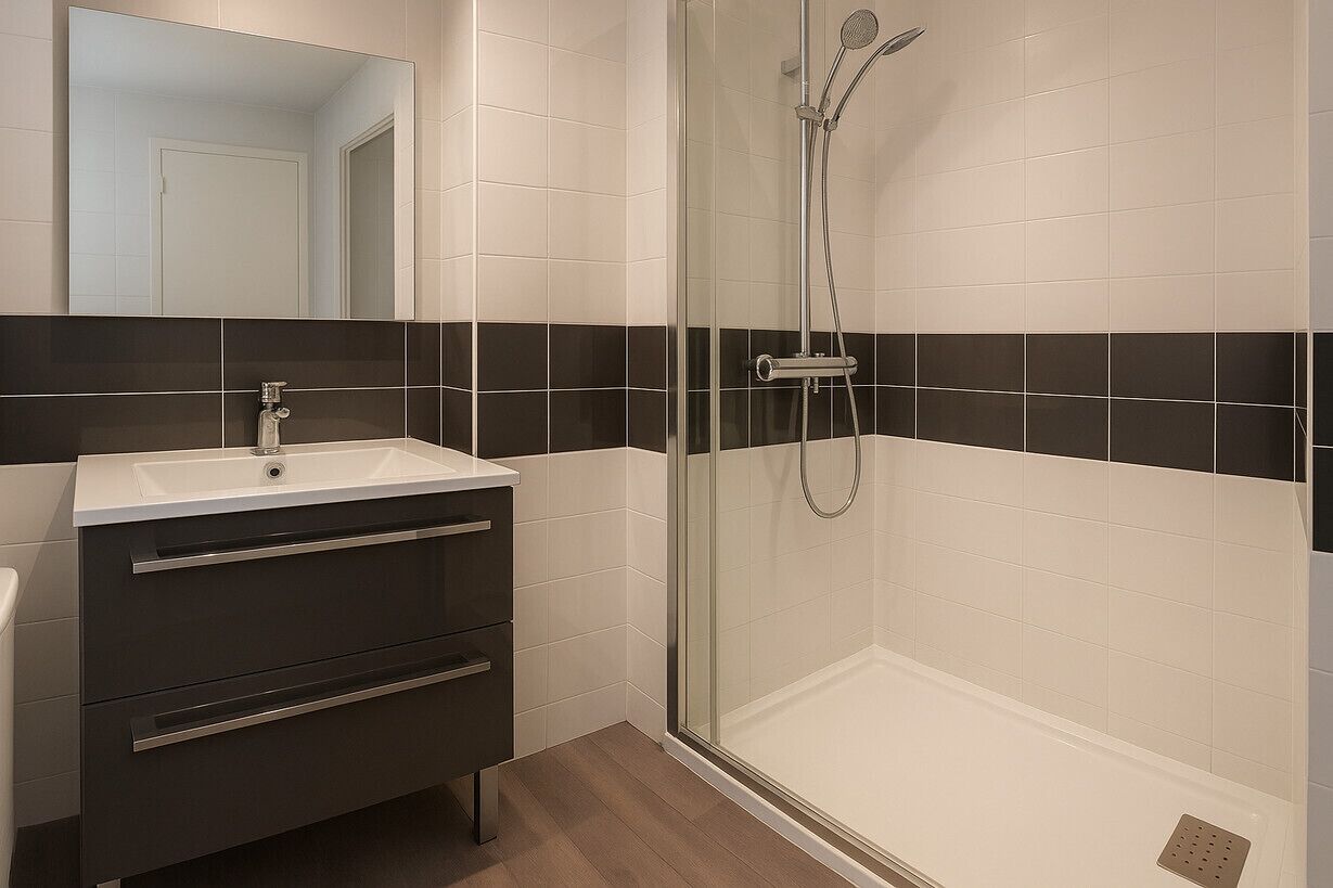 A modern bathroom with a glass-enclosed shower, a white sink, and a dark vanity.