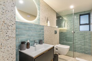 Ducha, secador de pelo, toallas y jabón