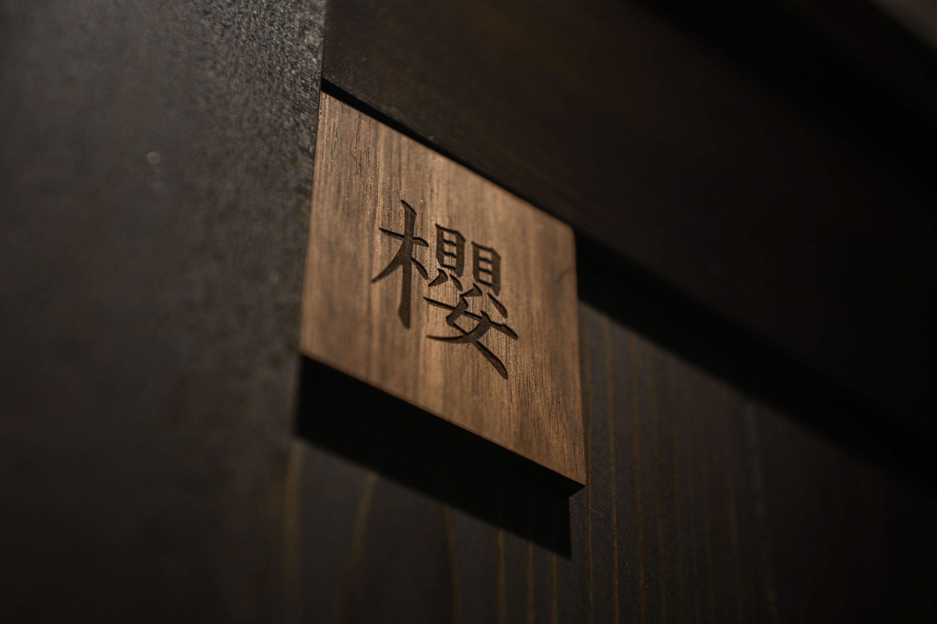 A wooden sign with Japanese characters.