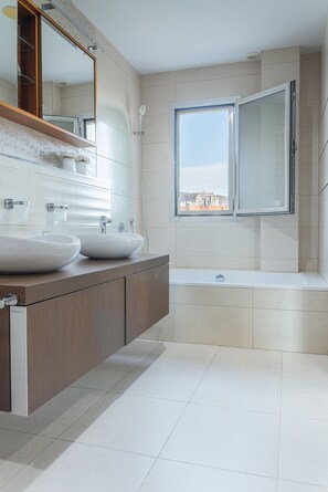Shower, hair dryer, bidet, towels