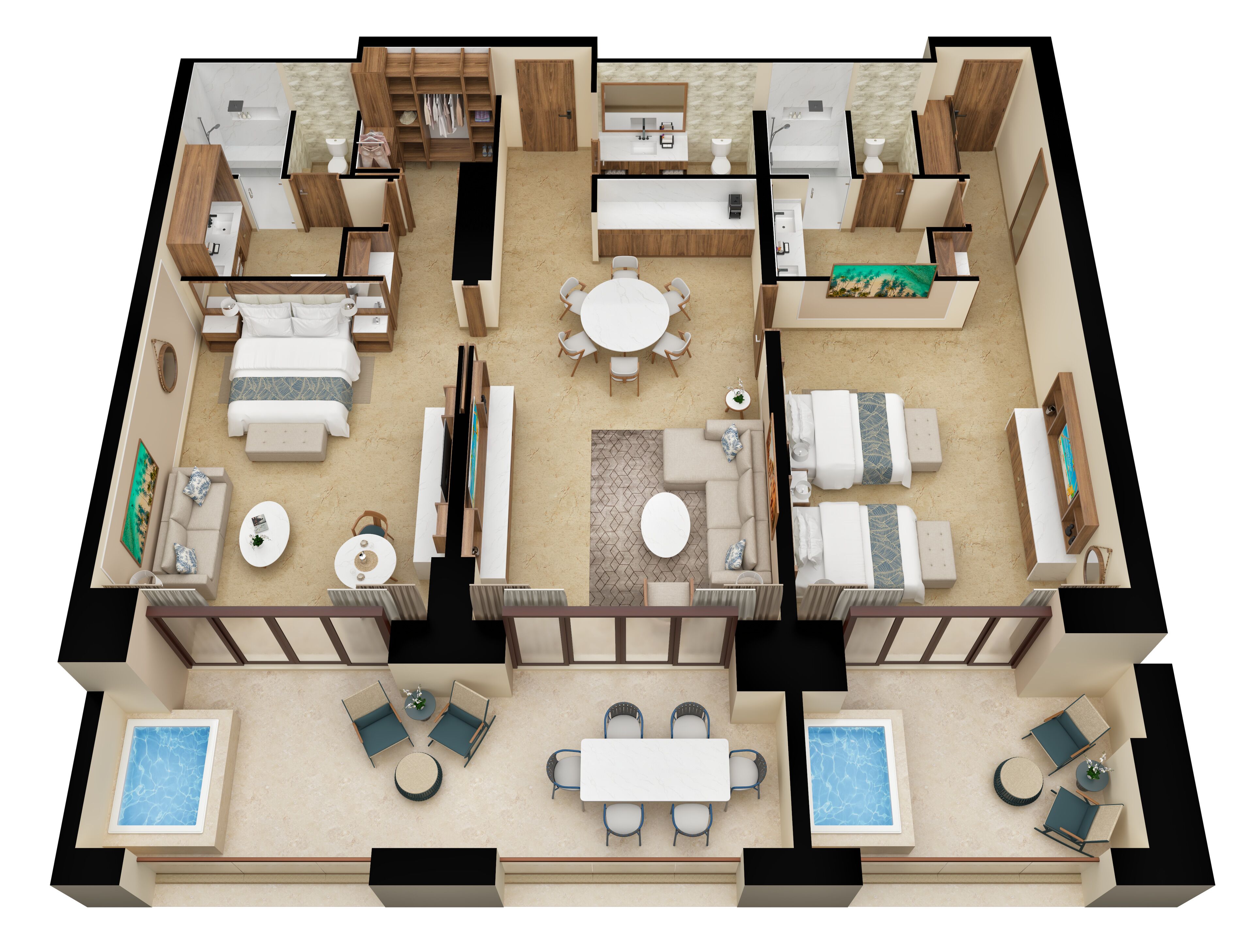 Planta baixa em 3D de um quarto de hotel com área de estar, cozinha, banheiro e varanda com piscina.