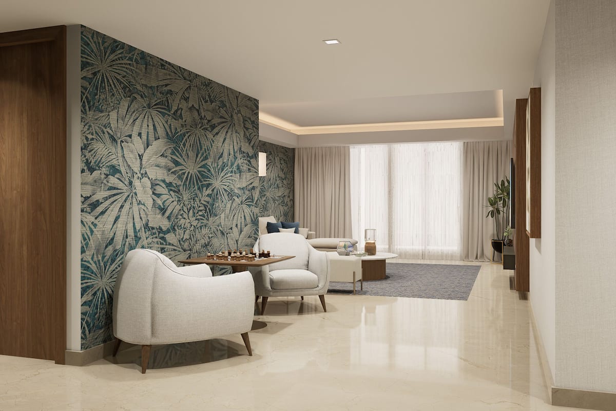 Ett modernt hotellrum med ett stort fönster, en matplats med ett schackbräde och ett vardagsrum med en soffa och ett soffbord.