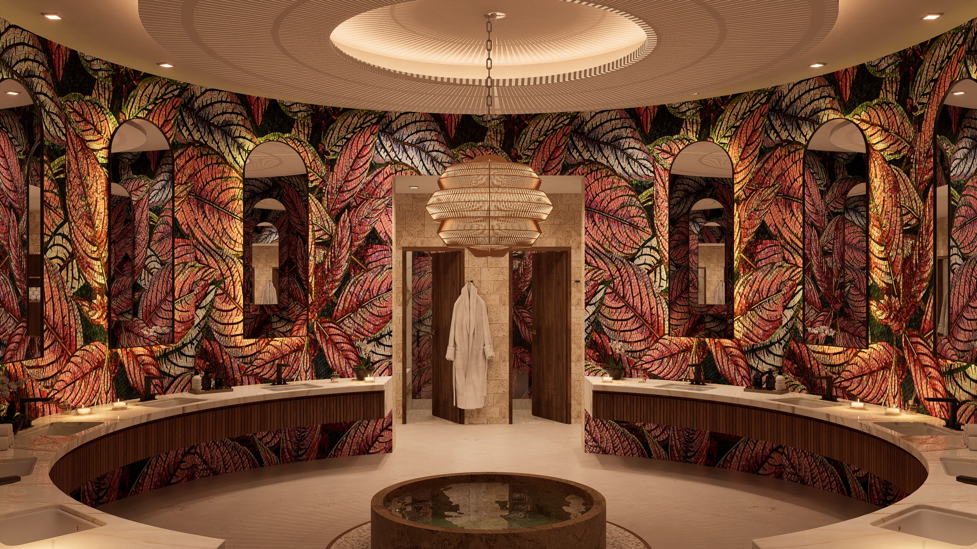 A luxurious bathroom with a circular layout, featuring a central mirror, two sinks, and a round seating area.
